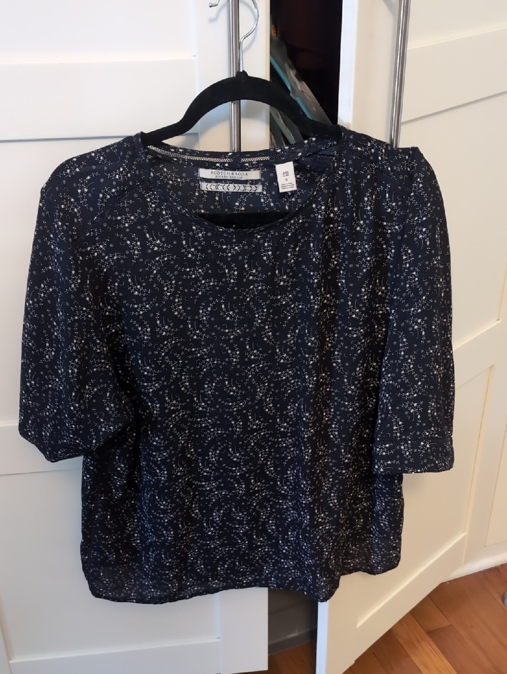 Scotch & Soda Navy Printed Short Sleeve Blouse with White Dot Swirls